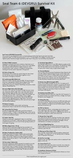 the contents of a survival kit laid out on top of a white table with scissors and other items