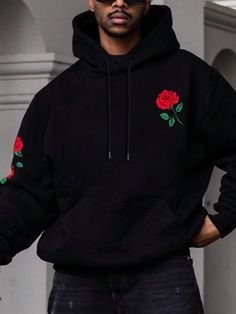 Men's Floral Print Drawstring Hoodie Going Out Street Wear Black Graphic Long Sleeve Hoodie, For Friends, Husband, Boyfriend Gifts Black Casual  Long Sleeve Knitted Fabric Floral  Slight Stretch  Men Clothing, size features are:Bust: ,Length: ,Sleeve Length: Black Fleece Hoodie For Spring, Black Hoodie Sweater For Spring, Men Hoodies, Oversized Hoodie, Printed Drawstring, Drawstring Hoodie, Oversize Hoodie, Men Clothing, Women's Summer Fashion