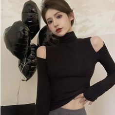 47283243778241 Grunge Party Outfit, Y2k Goth Outfits, Autumn Korean Fashion, Y2k T Shirt, 90s Fashion Women, Turtleneck T Shirt, Fashion Y2k, Bottoming Shirt, Style Tops