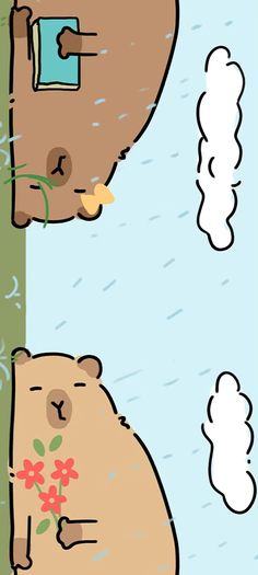 two bears are standing in the rain and one is holding onto a pole with flowers on it