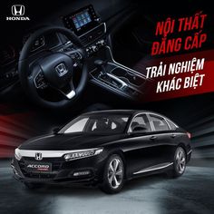 an advertisement for the new honda accord hybrid car, featuring black interior and dashboard with red accents