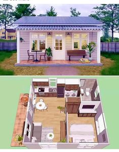 a small house is shown in two different views