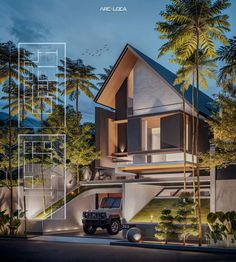 an artist's rendering of a house in the middle of palm trees at night