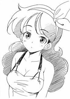 a drawing of a girl with long hair and big eyes, in black and white