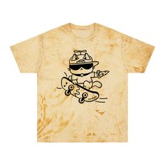 Skateboarding Pizza Cat - Tie-Dye - Cute Cat Shirt - PlatterCats Creative Trendy Cotton T-shirt For Skateboarding, Casual Tops For Summer Skateboarding, Casual Summer Tops For Skateboarding, Casual Tops With Graffiti Print For Skateboarding, Casual Graffiti Print Tops, Casual T-shirt With Graphic Print For Snowboarding, Cat Tie, Skater Vibes, Slice Of Pizza