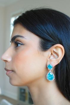 Handmade Material: Platinum Plated, Lab Simulated Turquoise and White Sapphire Stones Size: Earrings measure 1.75 inches long Imported Item Number: 7040T Sapphire Stones, Sapphire Stone, White Sapphire, Item Number, Platinum, Sapphire, Lab, Plating, Turquoise