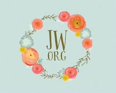 the jw org logo is surrounded by flowers and leaves on a light blue background