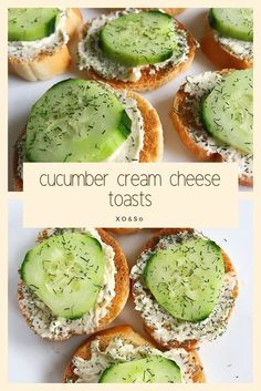 cucumber cream cheese toasts with dill pickles on top and sprinkles on the bottom