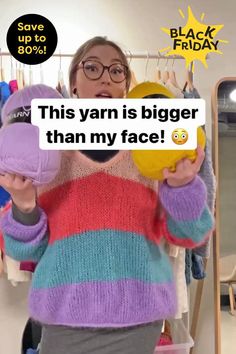 a woman holding a frisbee in front of her face with the caption'this yarn is bigger than my face '