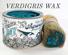 there is a paint can and brush next to it with the words, verdigiris wax