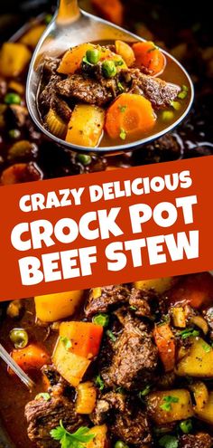 the crock pot beef stew is ready to be eaten and served with a spoon