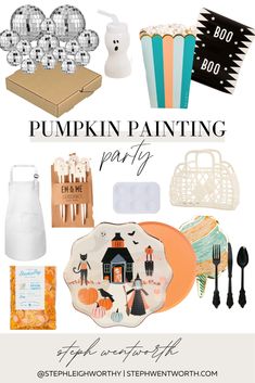 the pumpkin painting party is on display with other items and supplies to make it look like they