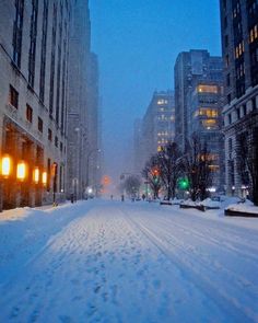 a city street is covered in snow with buildings on both sides and traffic lights at night