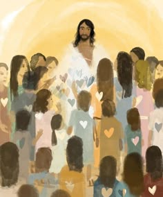 a painting of jesus surrounded by people in front of an orange sun with hearts on it