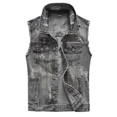 Motorcycle Enthusiasts! Want to create a layered outfit? Ripped Denim Vest Grey For Motorcycle Bikers is a good choice for you. Because wearing a denim vest will expose your underlying shirt or top. An elegant design denim vest, also suitable for parties, outside activities, dates, business work, and other casual occasions in all seasons. Features: 2 outside welt pockets 2 chest pockets Closure: button Lapel collar Ripped denim Note: Please check SIZE CHART in the images before ordering! Mens Denim Vest, Denim Vest Men, Jean Gray, Sleeveless Jean Jackets, Denim Vests, Ripped Jeans Men, Biker Jeans, Cotton Vest, Vests Mens