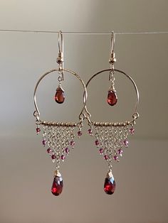 "This beautiful earring was done with natural Garnet and 14k gold filled. The length is around 2.75\"." Chandelier Earrings Diy, Pearl Cluster Earrings, Framed Jewelry, Earrings Hoops, Handmade Wire Jewelry, Gemstone Jewelry Handmade, Handmade Wire, Design Jewelry, Crafted Jewelry