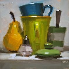 a painting of green and yellow items on a table