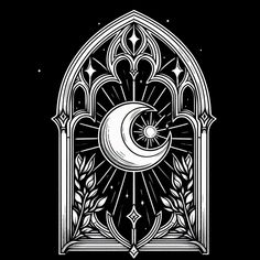 a black and white drawing of the moon in a stained glass window with an ornament