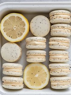 lemon and poppy seed macaroons are arranged in a baking dish, ready to be eaten