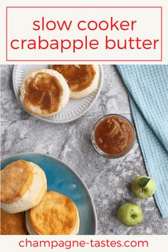 two plates with pancakes and an apple next to them on a marble table top, text reads slow cooker crabapple butter