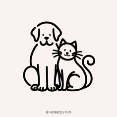 a black and white drawing of a cat and dog