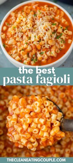 the best pasta fagioi recipe is shown in two different bowls, one with noodles and