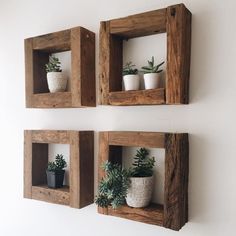 three wooden boxes with plants in them on the wall