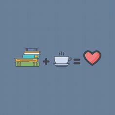 a cup of coffee, books and a heart sitting on top of each other in front of a blue background