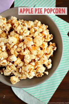 an apple pie popcorn in a bowl on a table