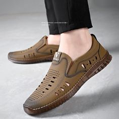 Leather Men's Shoes Thick Soles Breathable Hollow Out Casual Shoes Outdoor Men's Sports Shoes Brown Breathable Slip-on Walking Shoes, Breathable Brown Walking Shoes, Brown Breathable Walking Shoes With Round Toe, Breathable Brown Walking Shoes With Round Toe, Brown Slip-on Breathable Walking Shoes, Loafers Shoes, Outdoor Men, Shoes Loafers, Sports Shoes