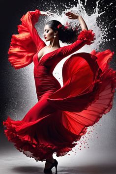 a woman in a red dress is dancing with water splashing on her head and arms