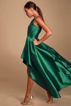 Lovely Emerald Green Dress - High-Low Dress - Satin Gown Fitted Green Gown With Corset Back, Fitted Dresses With Wide Waistband, Fitted Sleeveless Gown With Flattering Silhouette, Emerald Green Evening Gown, Dress With Apron, Emerald Green Gown, High Low Dress Formal, High Low Maxi Skirt, Short Green Dress