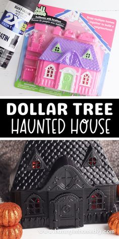 dollar tree halloween house with pumpkins on the ground and an image of it in front