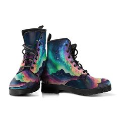 Men's/Women's Vegan Boots  These Northern Lights ankle boots are colorful and amazing. If you love the magical feel of the rainbow lights in the sky, these boots are sure to make your feet happy. When did you last feel that your shoes help express your personality? Or when is the last time you were complimented on your shoes? If this isn't often, then read on... Most local shoe stores don't carry footwear with designs as unique as this. In fact, you can't buy these anywhere else.  Confidently sh Boots Rainbow, Colorful Boots, Rainbow Lights, Galaxy Shoes, Shoe Stores, Lit Shoes, Vegan Boots, Rainbow Light, Soft Textiles