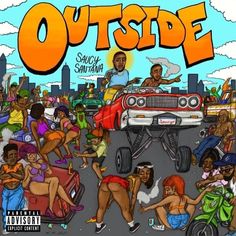 the album cover art for outside featuring various people in front of a car and onlookers