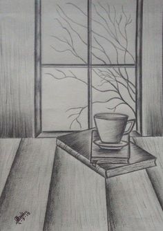 a drawing of a cup on a table in front of a window with a tree outside