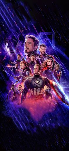 the poster for avengers 4 is shown in purple and blue colors with an image of captain america