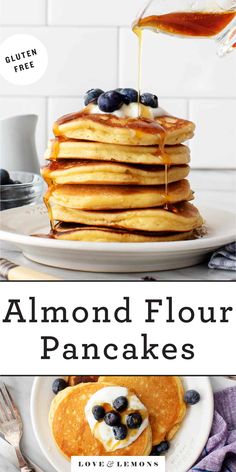 pancakes with blueberries and syrup being drizzled on top