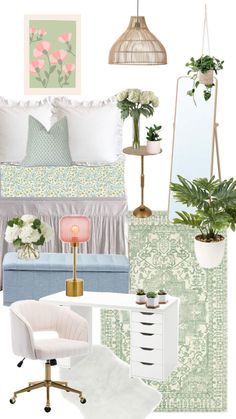 a bedroom with green and white decor on the walls, plants in vases, bedding