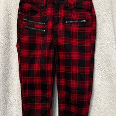 Plaid Pants Red And Black Size 5, New Without Tags, Purchased From Hot Topic Edgy Red Bottoms With Pockets, Edgy Red Stretch Pants, Edgy Red High-waist Bottoms, Edgy Red Pants For Fall, Edgy Red Cotton Bottoms, Edgy Red Straight Leg Bottoms, Edgy Plaid Bottoms For Fall, Plaid Jeans, Punk Clothing