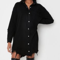 Missguided Super Hem Distress Denim Shirt Dress ~Color Black ~Size 8 ~ An Extreme Oversized Denim Shirt Dress Featuring Chest Patch Pocket And Extreme Distress Detailing. ~Extreme Oversized Fit For A More Regular Fit, Try Sizing Down! Mini Sits Mid Thigh ~100% Cotton *Feel Free To Request Pictures Of Actual Item *Item Is Sealed And Brand New Long Sleeve Denim Dress With Frayed Hem, Fall Denim Dress For Night Out, Relaxed Fit Mini Shirt Dress For Fall, Fitted Long Sleeve Denim Dress With Frayed Hem, Fall Relaxed Fit Mini Shirt Dress, Fall Denim Dress With Frayed Hem And Long Sleeves, Fall Mini Length Denim Dress With Relaxed Fit, Fall Long Sleeve Denim Dress With Frayed Hem, Long Sleeve Cotton Dress With Frayed Hem