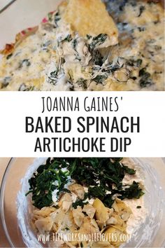 spinach and artichoke dip with text overlay