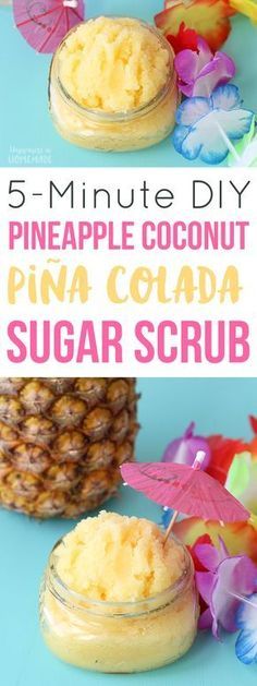 pineapple coconut pina colada sugar scrub recipe on a blue table with flowers