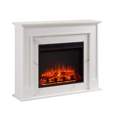 a white fireplace with an electric fire in the center and flames on it's sides