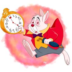 a cartoon character holding an alarm clock in one hand and pointing at it with the other