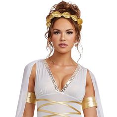 Adult Venus Goddess Costume Gods Gift To Women Costume, Venus Costume, White Dress With Gold, Venus Goddess, Gold Leaf Headband, Classy Halloween Costumes, Leaf Headpiece, Greek Goddess Costume, Leaves Headband