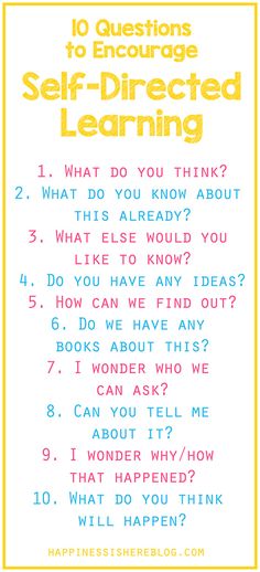 a poster with the words 10 questions to engage self - directed learning in yellow and red