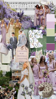 a collage of people dressed in lavenders and lilacs for a wedding party