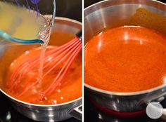 two pictures side by side showing how to make tomato sauce in a pot with whisk