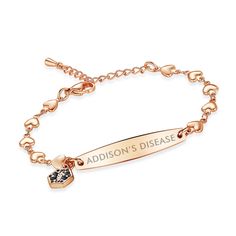 MATERIAL: 316L Stainless Steel With Rose Gold Vacuum ion plating, 100% Nickel Free, Hypoallergenic,waterproof,,Exquisite heart chain+small barrel-shaped Medical id plate ,weight:0.25oz,The lightweight design is suitable for any occasion. It is an all-weather ladies medical id bracelets A 37 * 7mm Medical id tag Can customize engraving your medical condition, a mini hexagonal charm with a Black enamel medical id symbol hang on the left side of the id tags,Conspicuous, high identification SIZE:bra Medical Alert Bracelet, Rose Gold Fashion, Medical Jewelry, Medical Id Bracelets, Medic Alert Bracelets, Medical Bracelet, Auntie Gifts, Id Wallet, Medical Alert